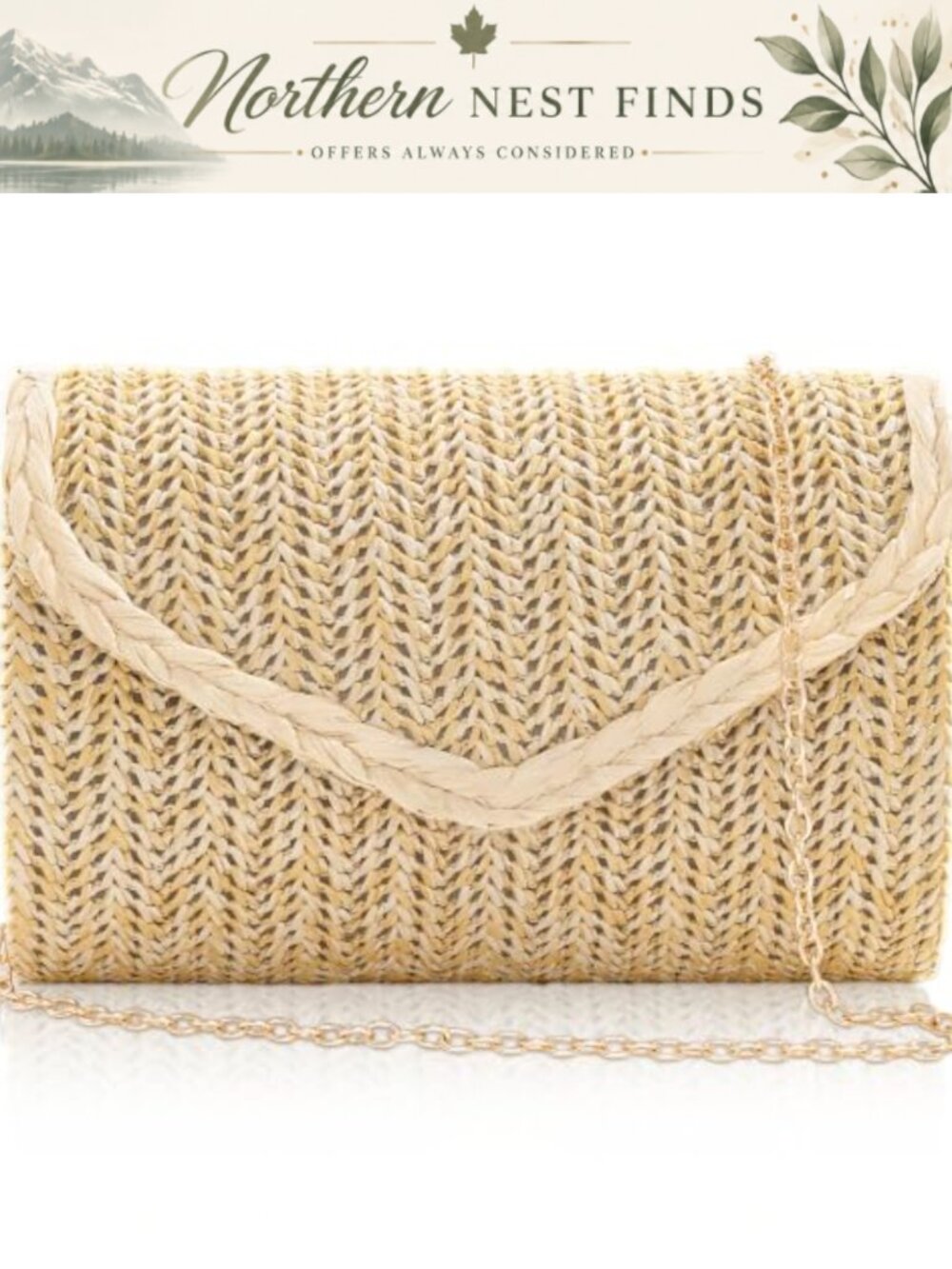 Straw Clutch Purse Woven Envelope Handbag Detachable Chain Evening Bag